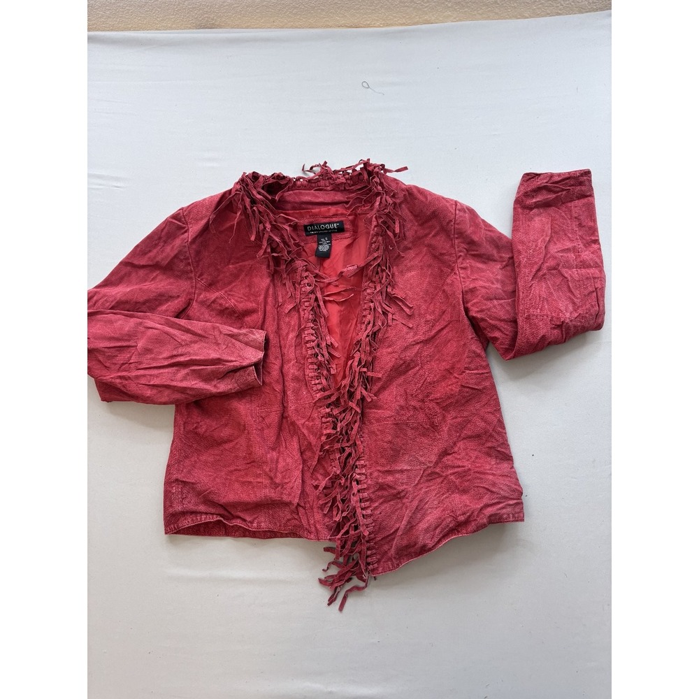 Dialogue Womens Red Suede Leather Fringe Jacket L Western Boho Open Front Coat